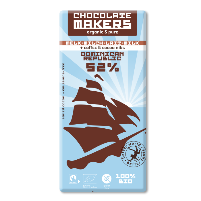 Chocolade: Tres Hombres donkere melk (52%) koffie + cacaonibs