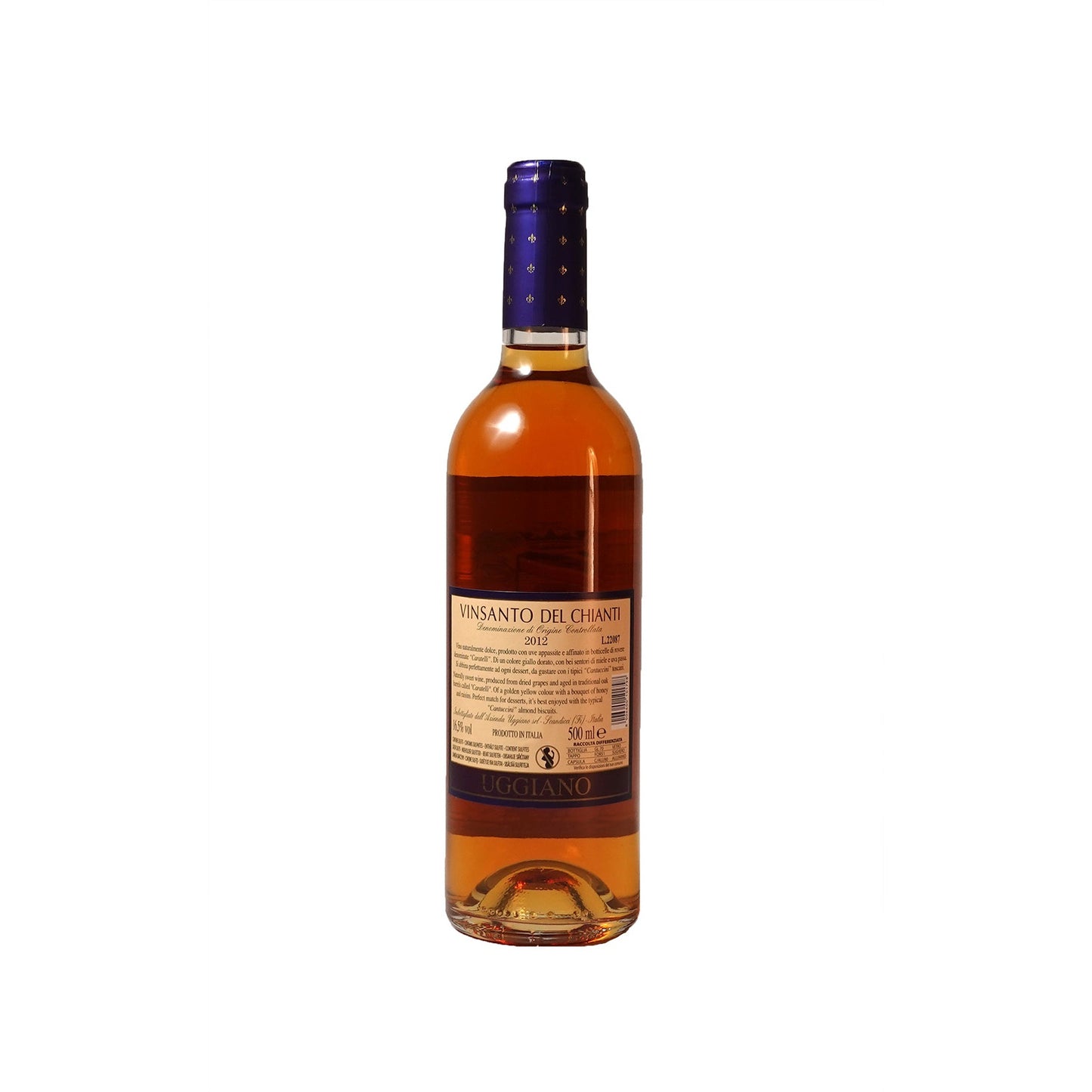 De achterkant van een fles Vin Santo del Chianti.
