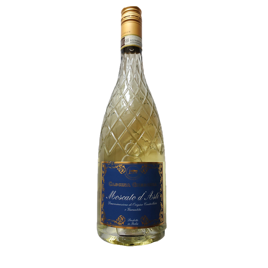 Doorzichtige fles Moscato d'Asti met een ananaspatroon. De fles heeft een blauw label met goud en witte lettering. Erop staat: Cascina Ghercina - Moscato d'Asti - Denominazione di Origine Controllata e Garantita - Prodotto in Italia