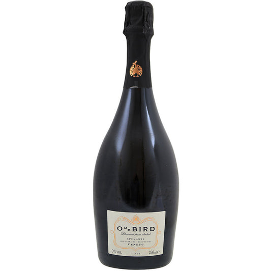 Zwarte fles met champagnekurk met een creme-wit label (met gouden accenten) waarop staat: OddBird Liberated from alcohol spumante 100% glera da regione del Veneto 0% Vol. Italy 750ml