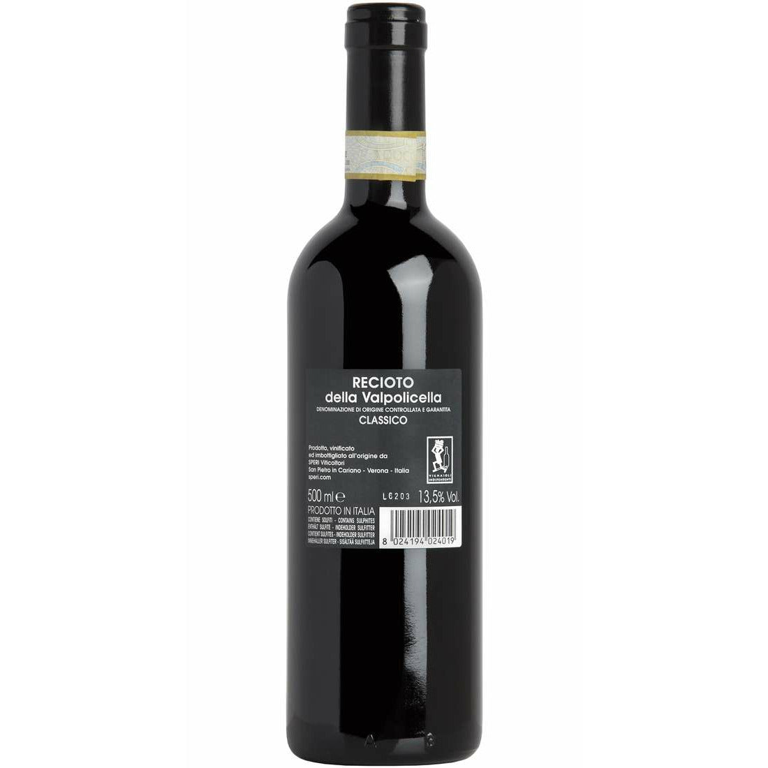 The back of a bottle of Recioto stating the ingredients, a 13.5% alcoholpercentage, 500ml and that it contains sulphites.