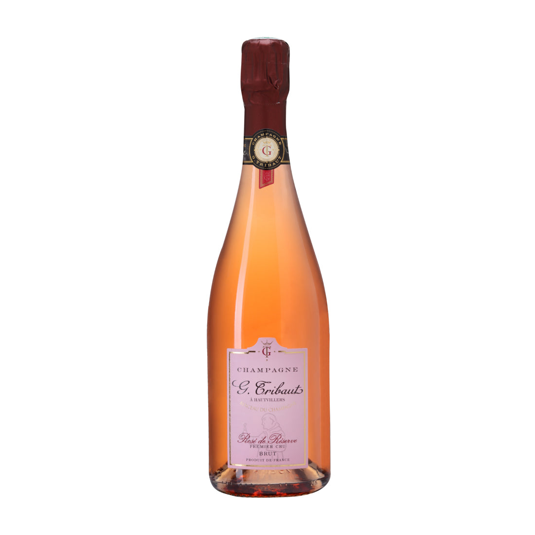 Doorzichtige fles rose champagne met een roze label. Hierop staat: Champagne - G. Tribaut - a Hautvillers - Rose de Reserve - Premier Cru - Brut - Produit de France